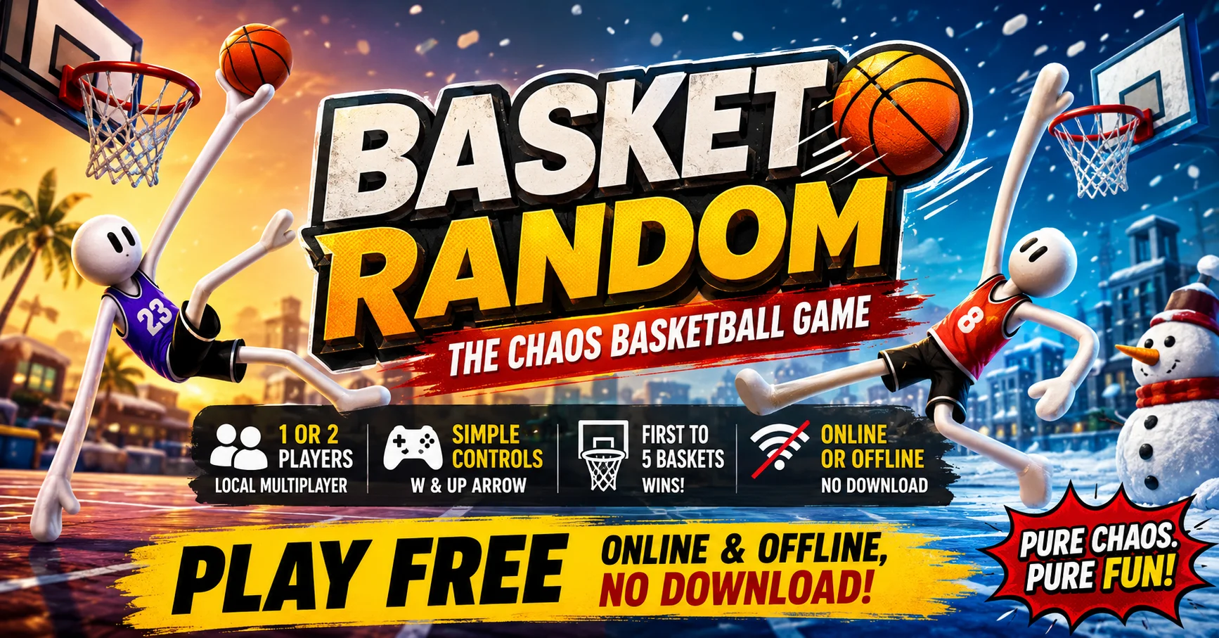Basket Random gameplay screenshot showing two stickman players competing on a basketball court