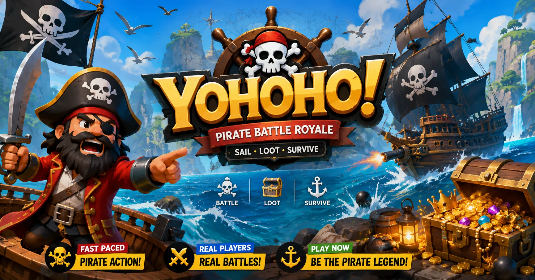 Yohoho.io pirate battle royale gameplay screenshot showing pirates fighting on Tortuga Island